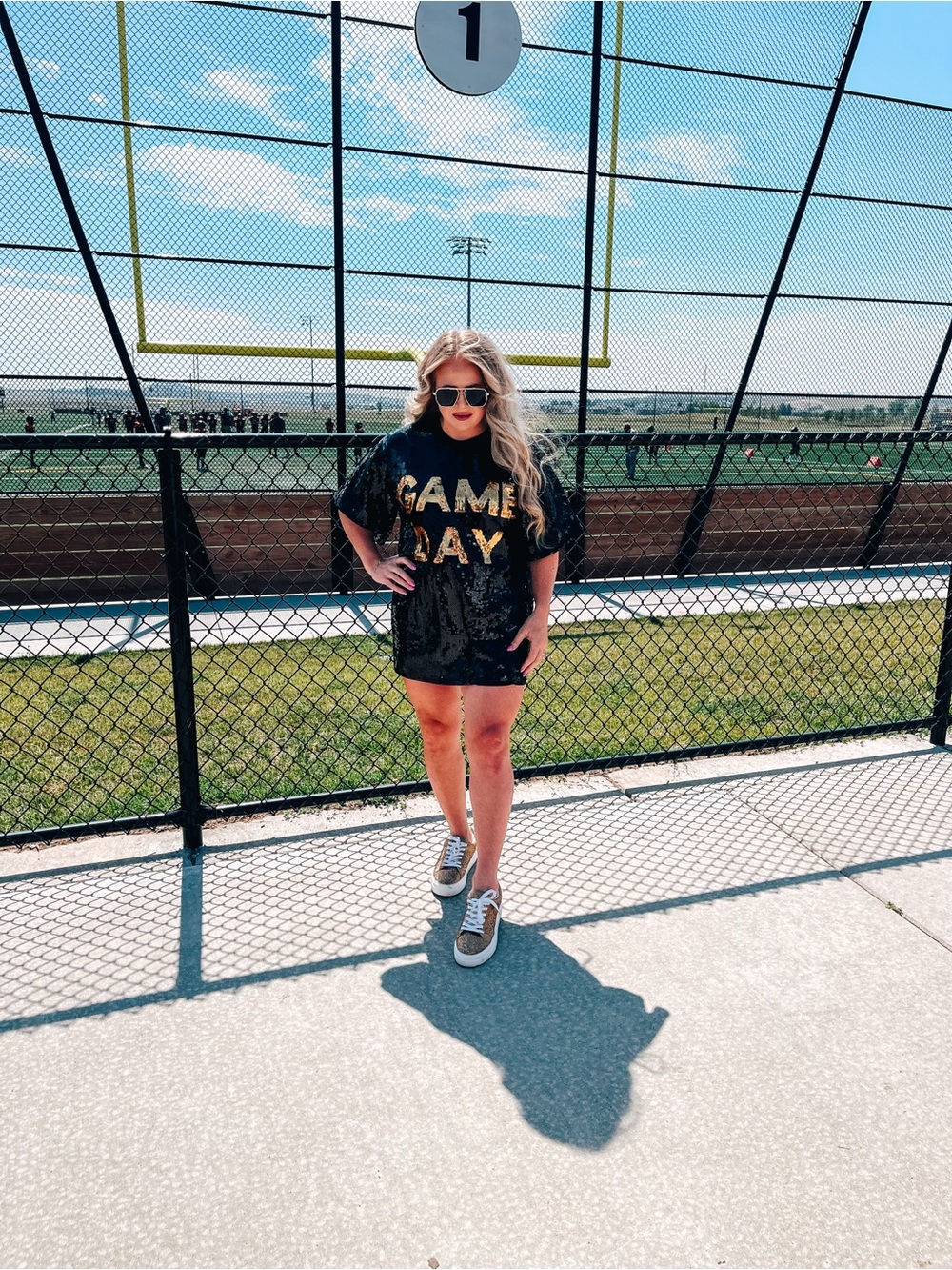 Main Strip Black Sequin Mini Dress with Gold "GAME DAY" Lettering